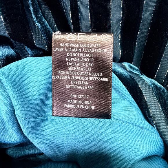 Belle BADGLEY MICSHKA Velvet Long Gown Womens 6 Teal Blue Stripes Formal Evening - Picture 9 of 11